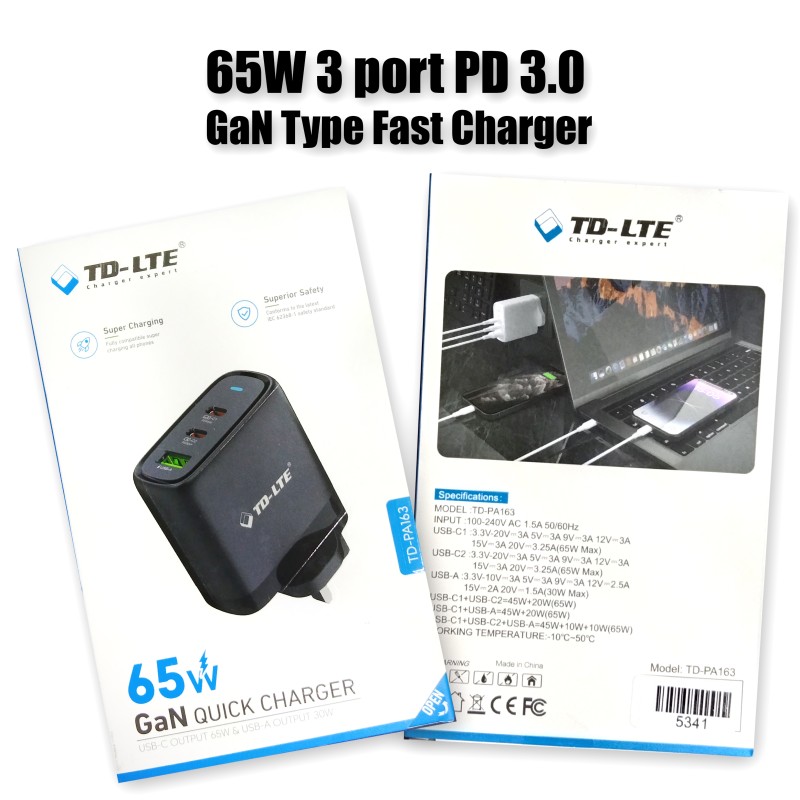 65W 3 port PD 3.0 GaN Type Fast Charger